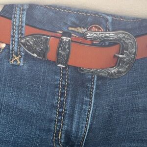 Western Brown Leather Belt with Silver Buckle